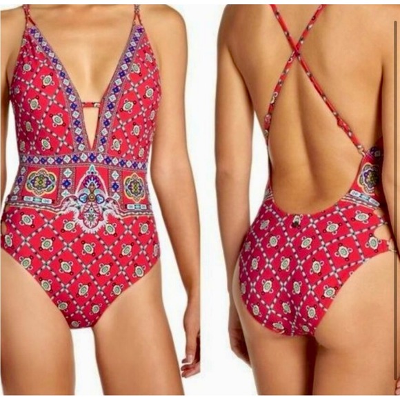 Nanette Lepore Red Floral Boho Print One Piece Swimsuit Cross Back Size Small - Picture 1 of 9